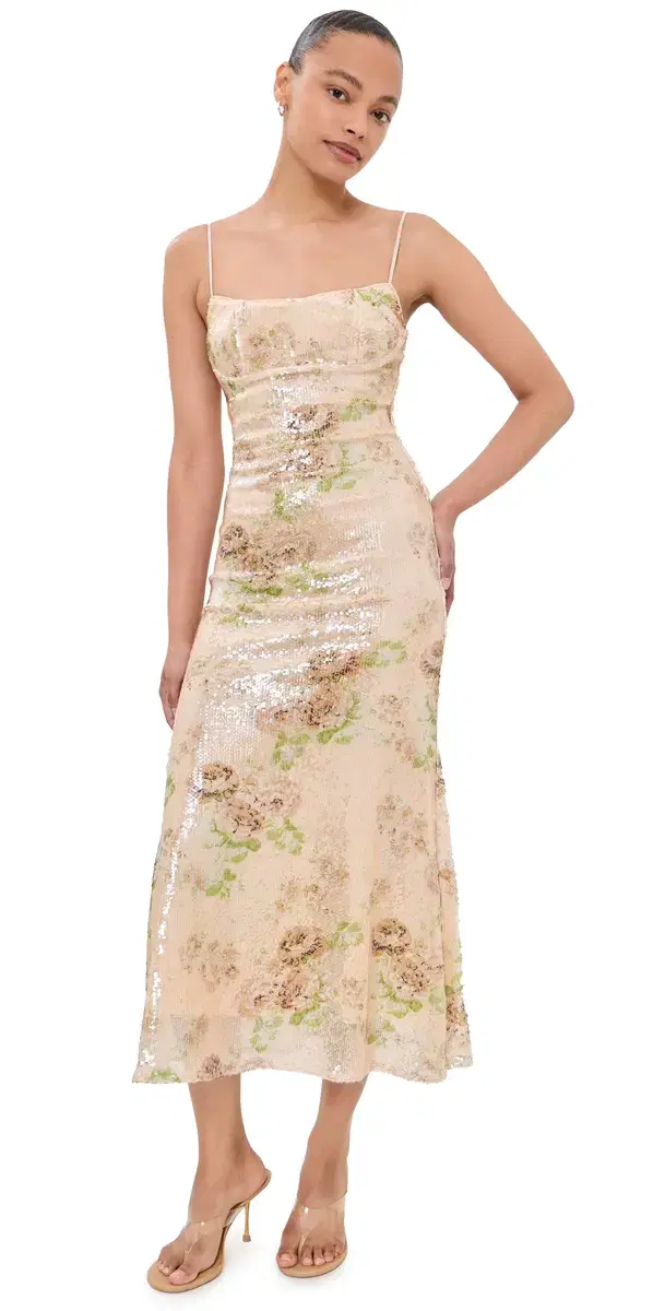BARDOT Adoni Sequin Mesh Midi Dress Beige Fl