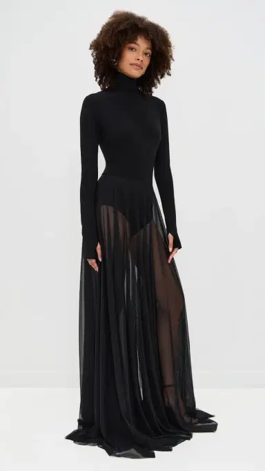 Norma Kamali Long Sleeve Turtleneck Flared Gown Black | Thumbnail 4 Norma Kamali Long Sleeve Turtleneck Flared Gown Black | Thumbnail 4