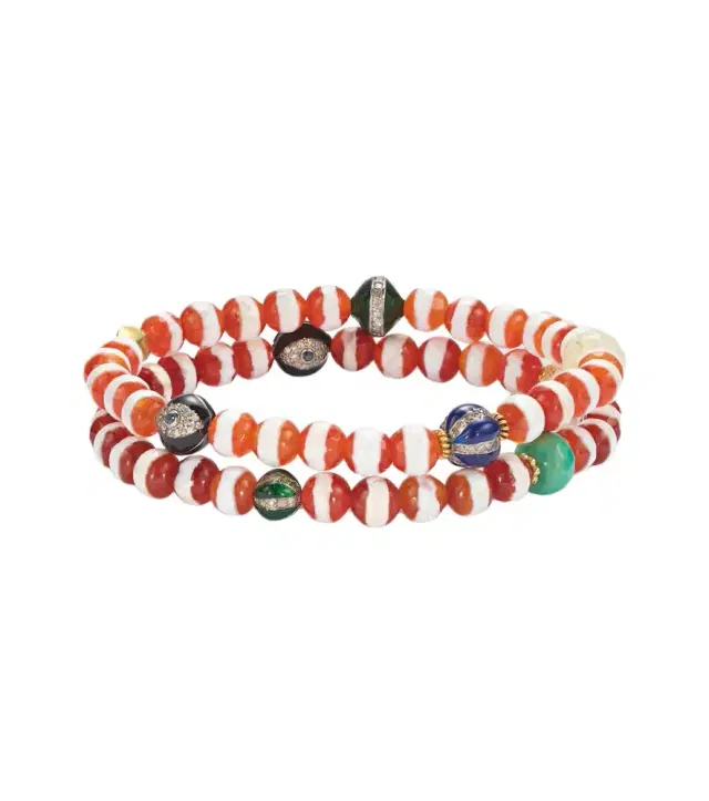 Set of 2 18kt gold and sterling silver beaded bracelets with gemstones