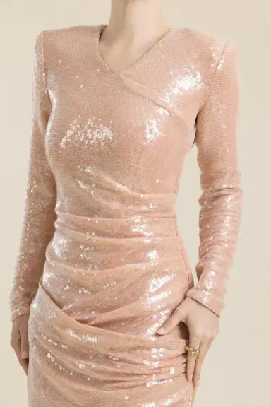 Balmain Long Sleeve Drape Sequin Mini Dress | Thumbnail 4