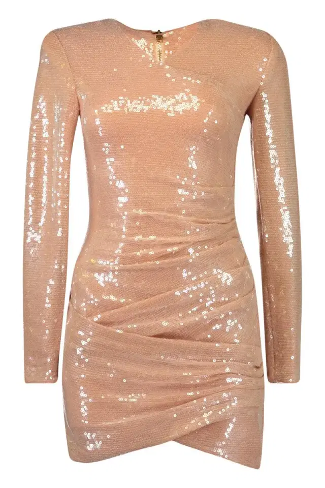 Long Sleeve Drape Sequin Mini Dress