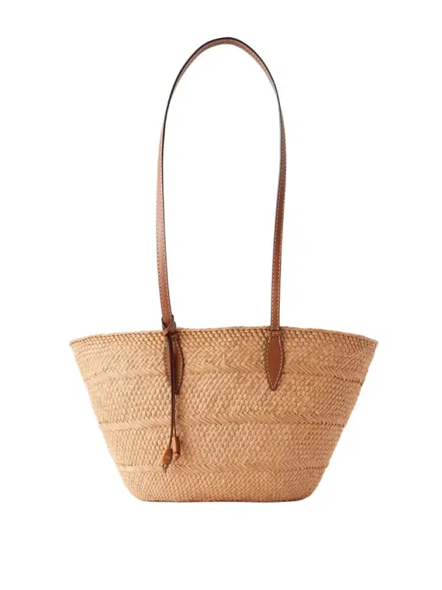 Trapeze Basket Leather-trimmed Raffia Tote