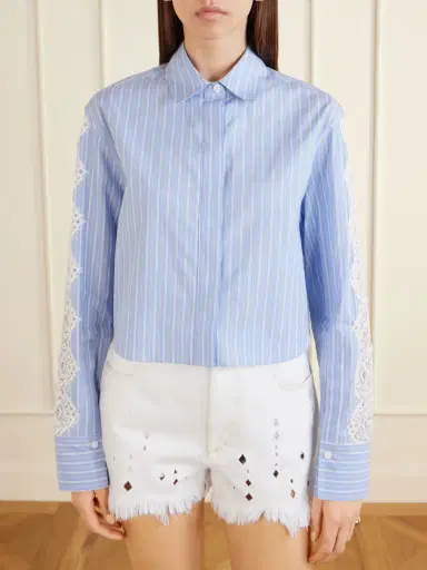 Simkhai Renata Cropped Lace-trimmed Striped Cotton-poplin Shirt | Thumbnail 3
