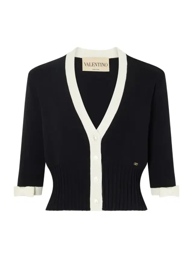 Valentino Garavani Cropped Bow-embellished Two-tone Ribbed-knit Cotton Cardigan