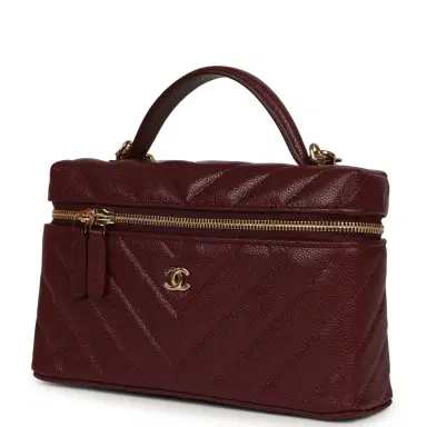 Chanel Chanel Chevron Top Handle Long Vanity Case with Chain Dark Burgundy Shiny Caviar Gold Hardware | Thumbnail 5