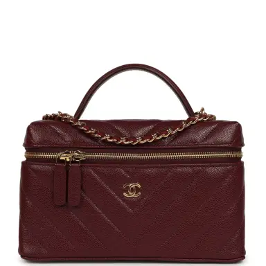 Chanel Chanel Chevron Top Handle Long Vanity Case with Chain Dark Burgundy Shiny Caviar Gold Hardware | Thumbnail 1
