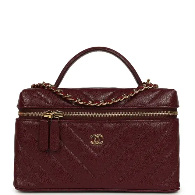 Chanel Chanel Chevron Top Handle Long Vanity Case with Chain Dark Burgundy Shiny Caviar Gold Hardware