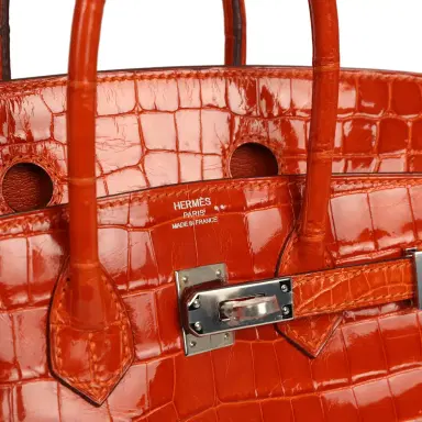 HERMÈS Vintage Hermes Birkin 25 Orange Shiny Niloticus Crocodile Palladium Hardware | Thumbnail 7 HERMÈS Vintage Hermes Birkin 25 Orange Shiny Niloticus Crocodile Palladium Hardware | Thumbnail 7
