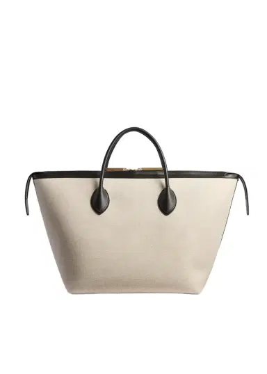 Khaite Kasia Tote In Black Leather And Natural Canvas | Thumbnail 1 Khaite Kasia Tote In Black Leather And Natural Canvas | Thumbnail 1