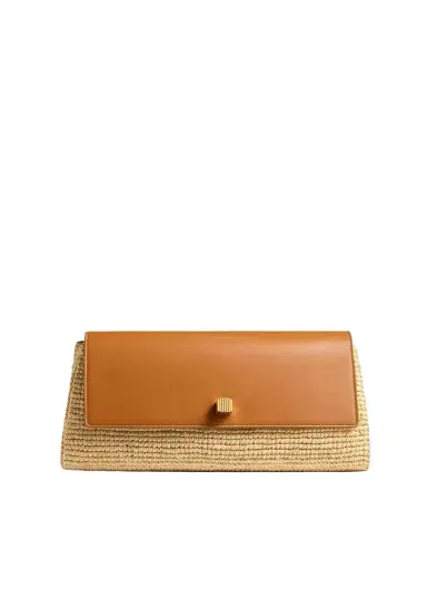 Khaite Audrey Clutch In Tan Leather And Natural Raffia | Thumbnail 1
