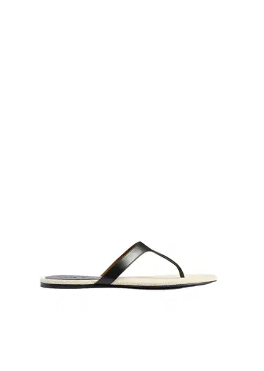 Khaite Archer Flat Sandal In Black Leather And Natural Canvas | Thumbnail 1 Khaite Archer Flat Sandal In Black Leather And Natural Canvas | Thumbnail 1