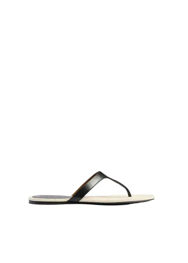 Khaite Archer Flat Sandal In Black Leather And Natural Canvas