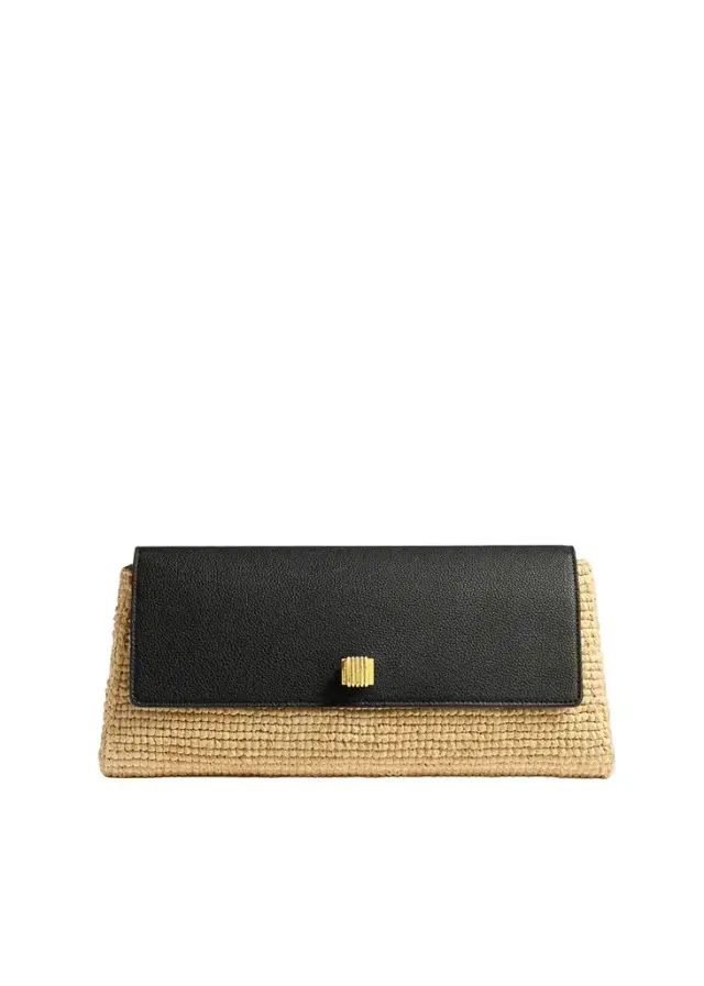 Audrey Clutch In Black Leather And Natural Raffia