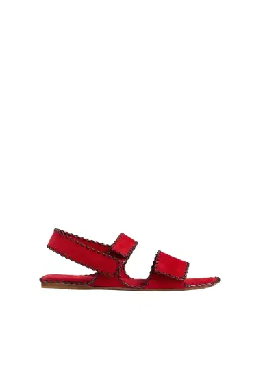 Khaite Boden Sandal In Lipstick Suede With Whip Stitch | Thumbnail 1 Khaite Boden Sandal In Lipstick Suede With Whip Stitch | Thumbnail 1