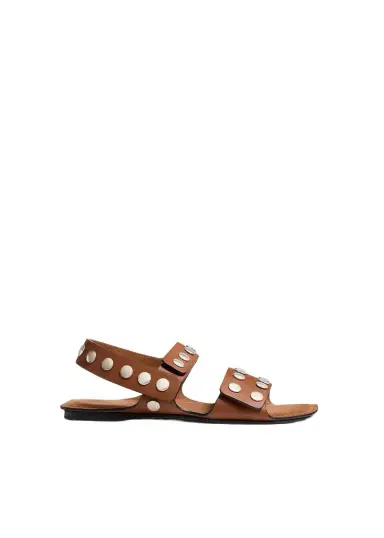 Khaite Boden Sandal In Dark Tan Leather With Silver Studs | Thumbnail 1