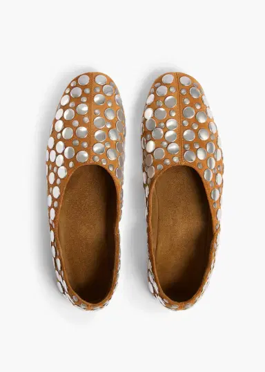 Khaite Jane Flat In Caramel Suede With Silver Studs | Thumbnail 3