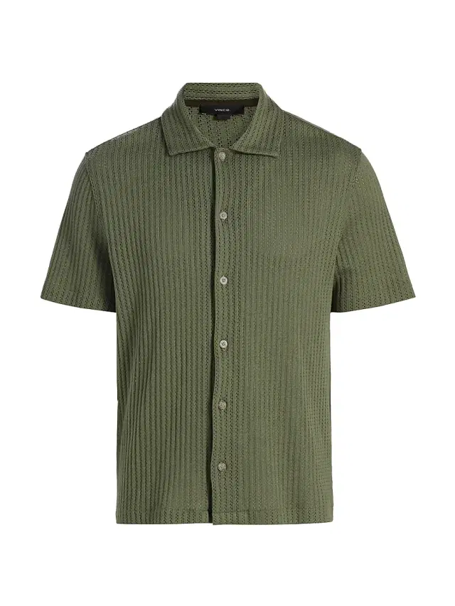 Vince Men's Pointelle Cotton-Blend Short-Sleeve Shirt - Coulter Green