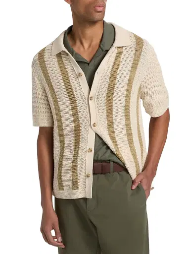 Vince Men's Crochet Striped Cotton Shirt - Dark Blanco Dark Desert Brush - Size XXL | Thumbnail 3
