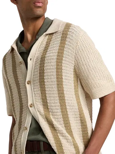 Vince Men's Crochet Striped Cotton Shirt - Dark Blanco Dark Desert Brush - Size XXL | Thumbnail 6