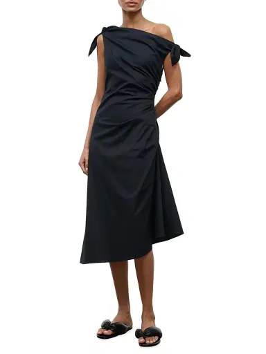 Staud Women's Bellaria Ruched Asymmetric Cotton Midi-Dress - Black | Thumbnail 2