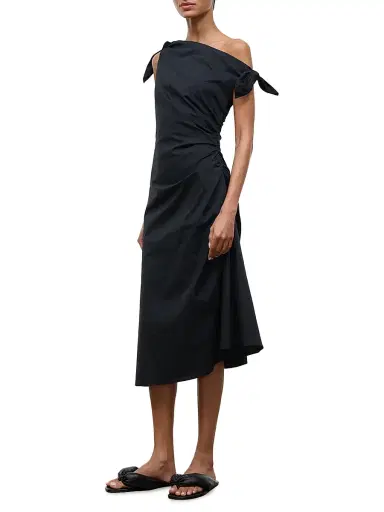 Staud Women's Bellaria Ruched Asymmetric Cotton Midi-Dress - Black | Thumbnail 3