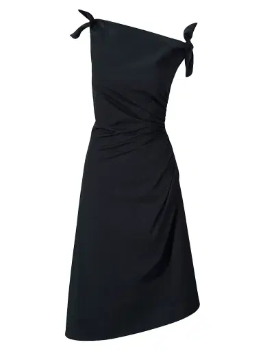 Staud Women's Bellaria Ruched Asymmetric Cotton Midi-Dress - Black | Thumbnail 1