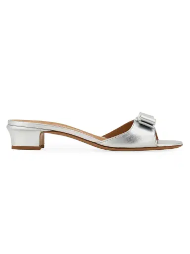 Ferragamo Women's Vanilla 25MM Vara-Bow Leather Sandals - Silver Fondo Bianco | Thumbnail 1