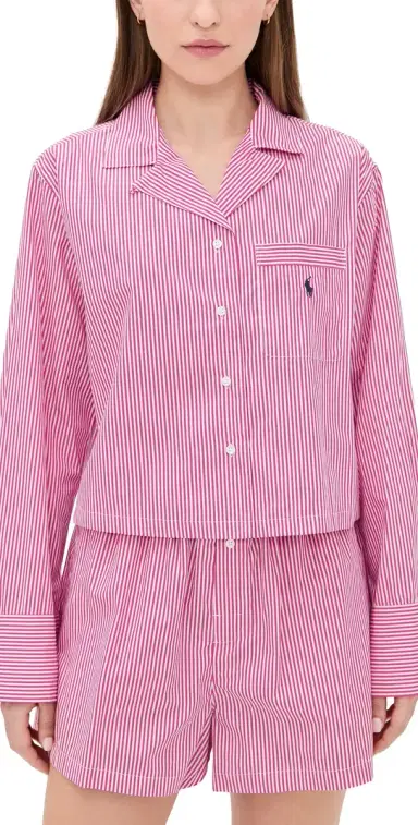 Polo Ralph Lauren Crop Top & Boxer Pajama et College Pink tripe | Thumbnail 1