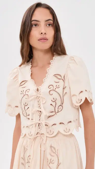 Moon River Short Sleeve Embroidered Eyelet Front Tie Top Cream | Thumbnail 2