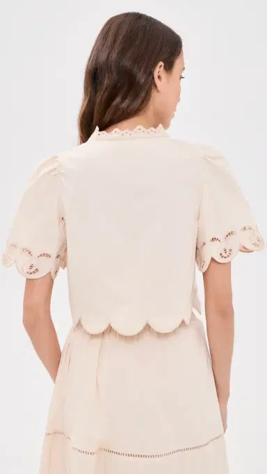 Moon River Short Sleeve Embroidered Eyelet Front Tie Top Cream | Thumbnail 3