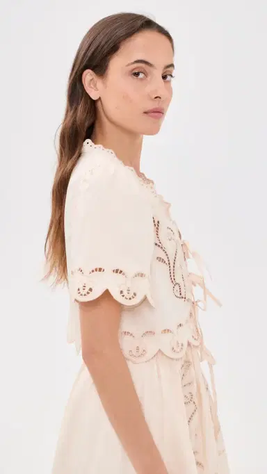 Moon River Short Sleeve Embroidered Eyelet Front Tie Top Cream | Thumbnail 4