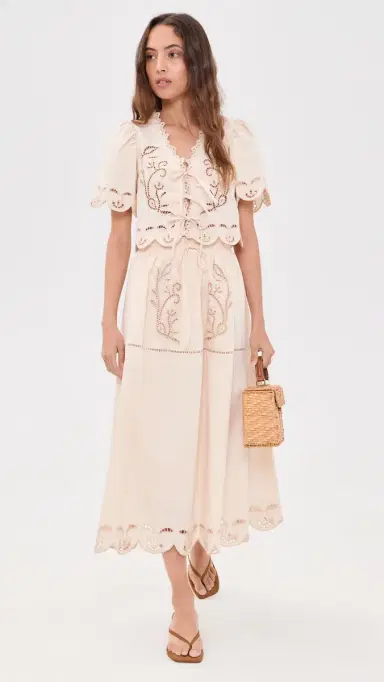 Moon River Short Sleeve Embroidered Eyelet Front Tie Top Cream | Thumbnail 5