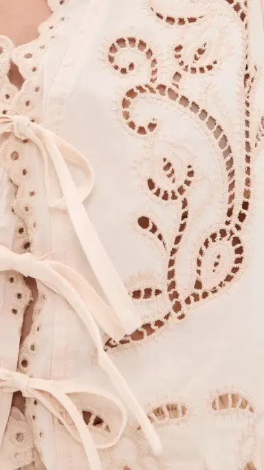 Moon River Short Sleeve Embroidered Eyelet Front Tie Top Cream | Thumbnail 6