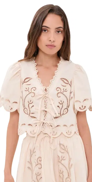 Moon River Short Sleeve Embroidered Eyelet Front Tie Top Cream | Thumbnail 1