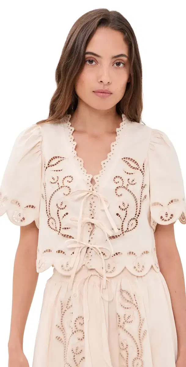 Short Sleeve Embroidered Eyelet Front Tie Top Cream