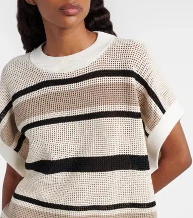 Brunello Cucinelli Open-knit striped cotton top | Thumbnail 2