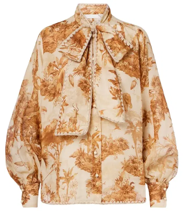 Indra printed tie-neck ramie blouse