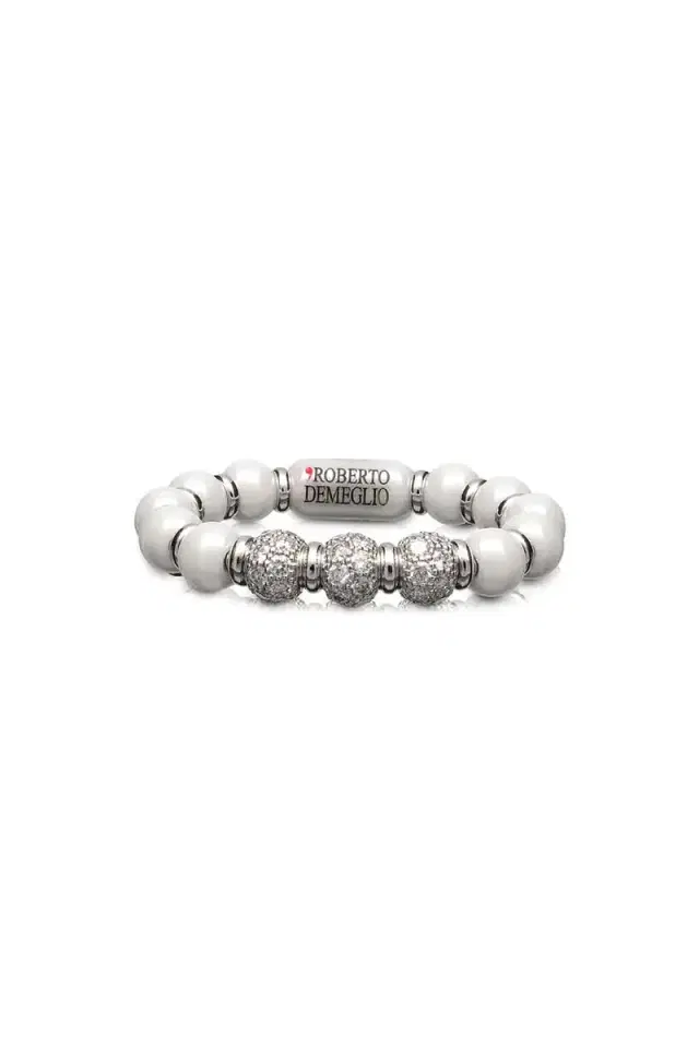 Three Diamond White Bead Stretch Sfera Ring