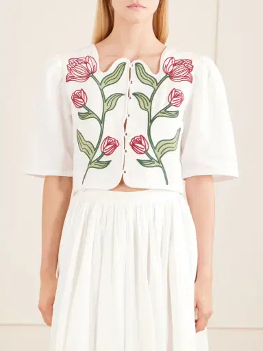 Farm Rio Floral-embroidered Cropped Linen Top | Thumbnail 3