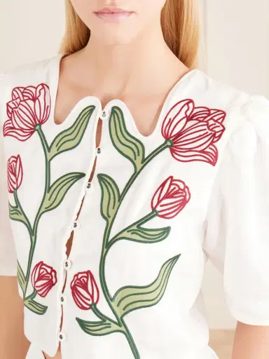 Farm Rio Floral-embroidered Cropped Linen Top | Thumbnail 5