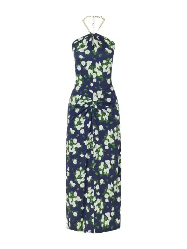 Floral-print Embellished Jersey Halterneck Midi Dress
