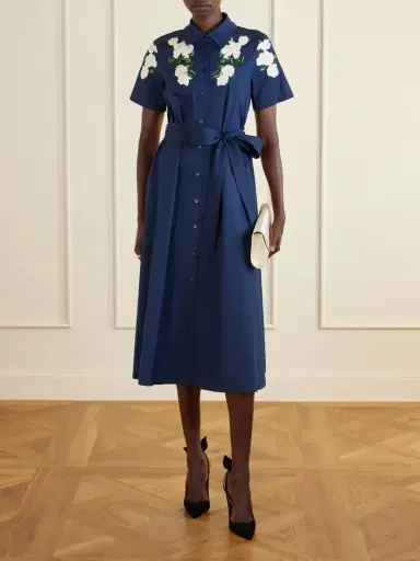 Carolina Herrera Belted Floral-embroidered Cotton-blend Midi Dress | Thumbnail 2 Carolina Herrera Belted Floral-embroidered Cotton-blend Midi Dress | Thumbnail 2