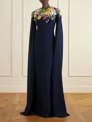 Oscar de la Renta Cape-effect Floral-embroidered Silk-blend Georgette Gown | Thumbnail 2