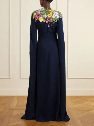 Oscar de la Renta Cape-effect Floral-embroidered Silk-blend Georgette Gown | Thumbnail 3