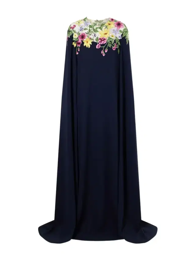 Oscar de la Renta Cape-effect Floral-embroidered Silk-blend Georgette Gown