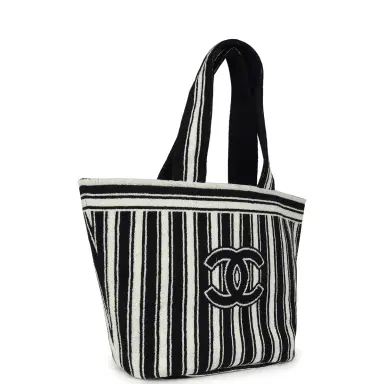 Chanel Chanel CC Striped Beach Tote Bag & Towel Set Navy Blue and White Terry Silver Hardware | Thumbnail 3 Chanel Chanel CC Striped Beach Tote Bag & Towel Set Navy Blue and White Terry Silver Hardware | Thumbnail 3
