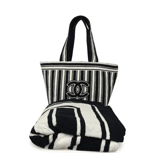 Chanel Chanel CC Striped Beach Tote Bag & Towel Set Navy Blue and White Terry Silver Hardware