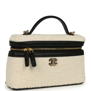 Chanel Chanel Coco Beach Top Handle Long Vanity Case with Chain Ecru Tweed and Black Calfskin Gold Hardware | Thumbnail 2