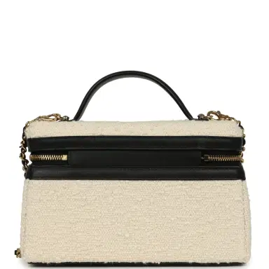 Chanel Chanel Coco Beach Top Handle Long Vanity Case with Chain Ecru Tweed and Black Calfskin Gold Hardware | Thumbnail 4