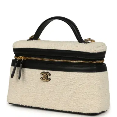 Chanel Chanel Coco Beach Top Handle Long Vanity Case with Chain Ecru Tweed and Black Calfskin Gold Hardware | Thumbnail 5
